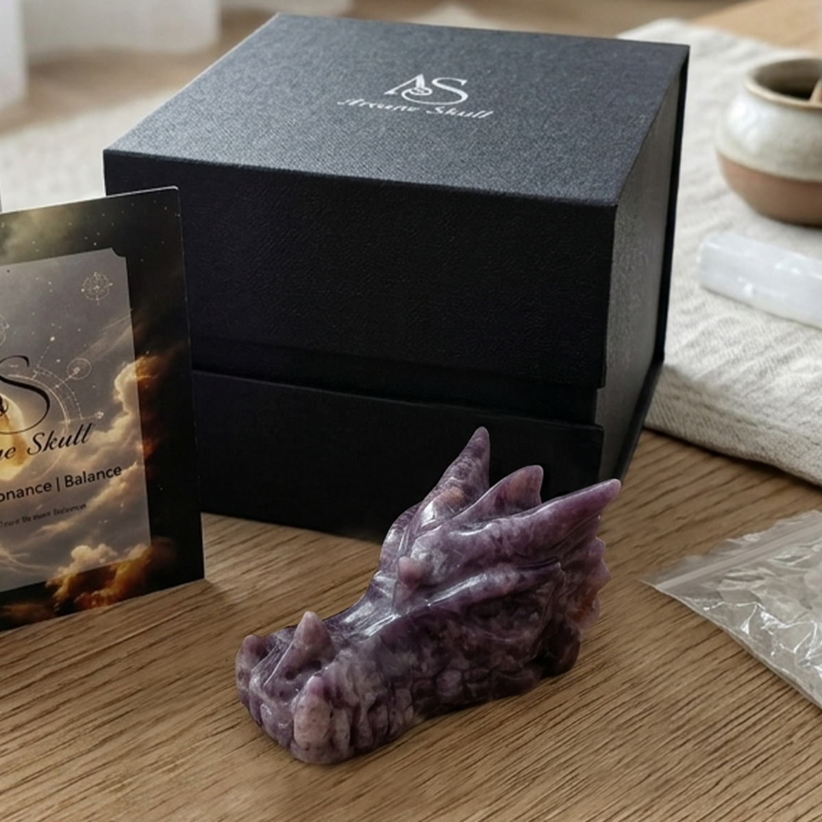 Additional view of a 3-inch Dream Amethyst dragon skull carving