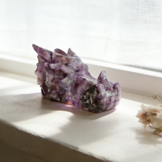 Additional view of a 4.2-inch Dream Amethyst dragon skull carving