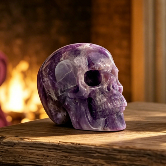 Main view of a 3-inch Dream Amethyst human skull carving
