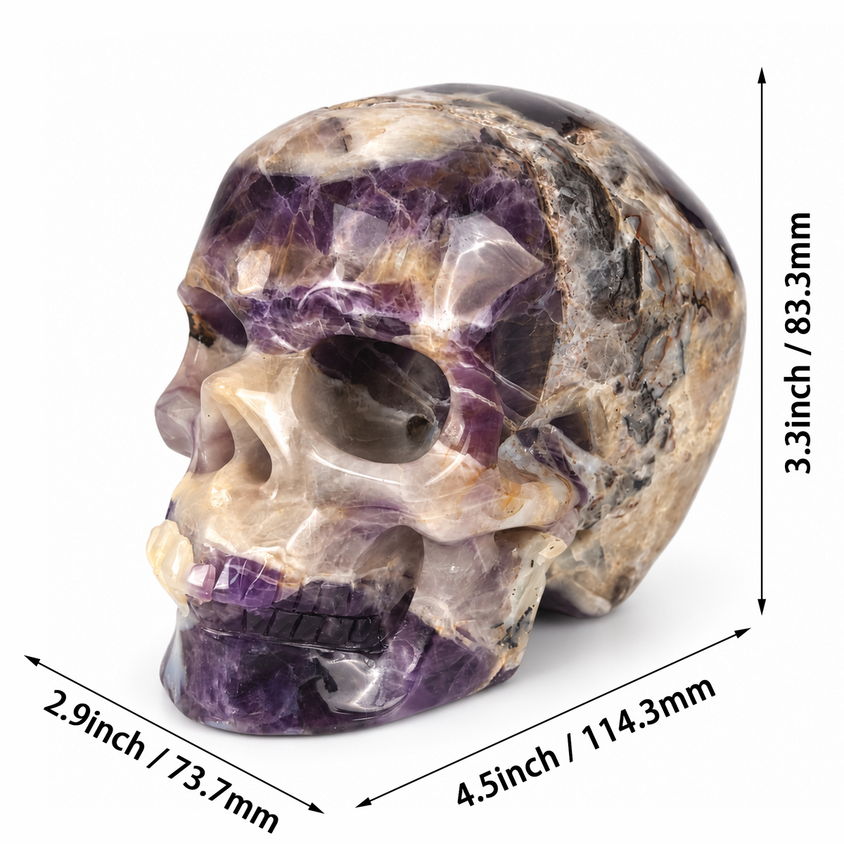 Additional view of a 4.5-inch Dream Amethyst human skull carving