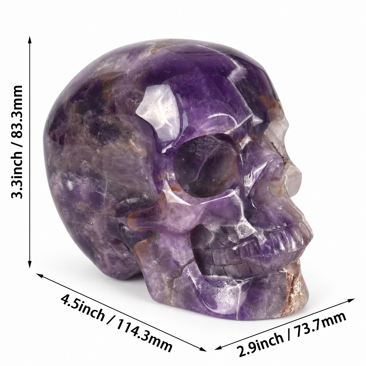 Additional view of a 4.5-inch Dream Amethyst human skull carving