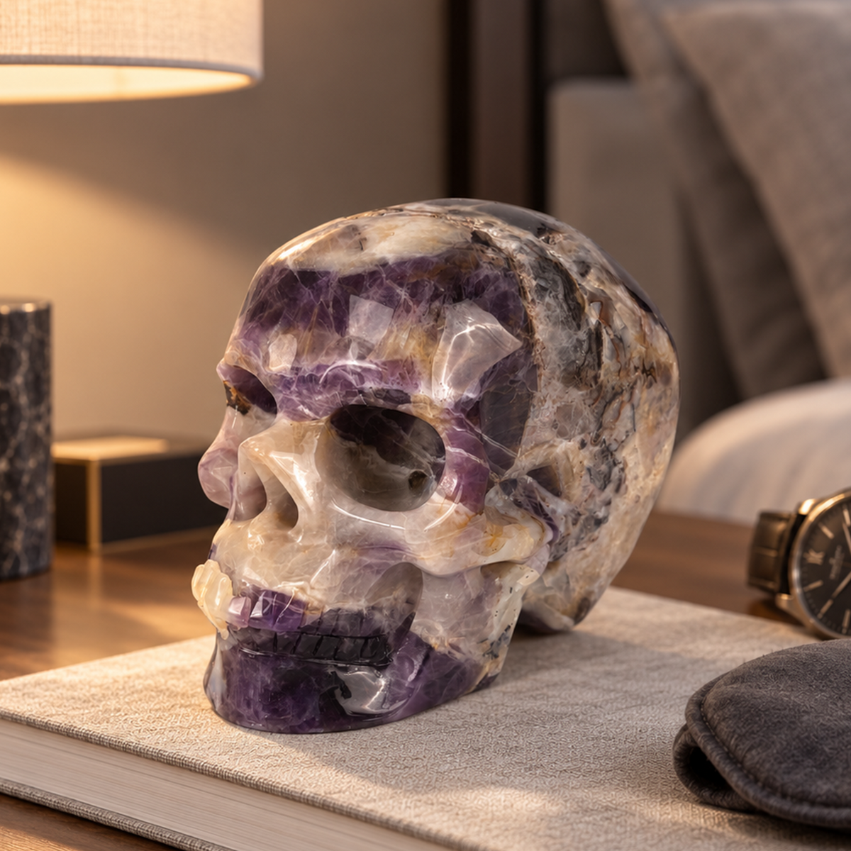 Main view of a 4.5-inch Dream Amethyst human skull carving