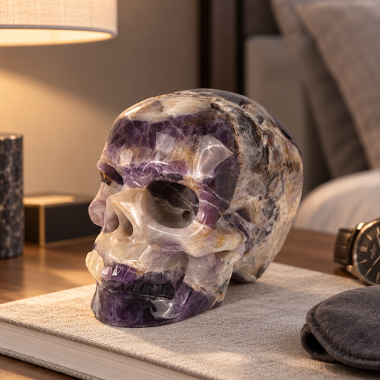 Main view of a 4.5-inch Dream Amethyst human skull carving