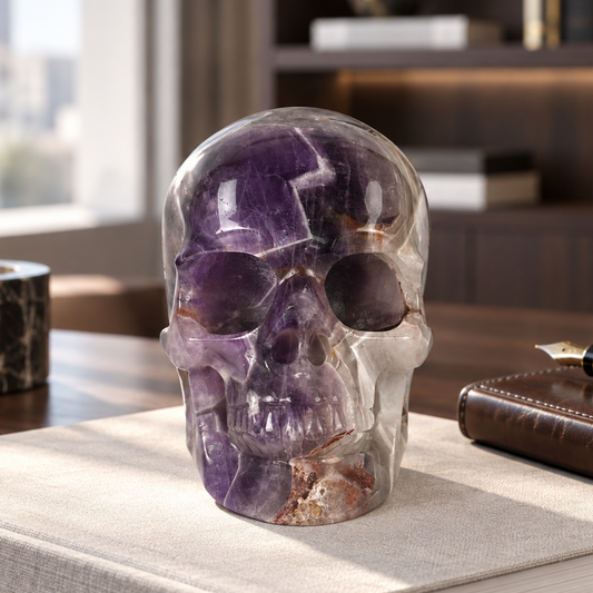 Main view of a 4.5-inch Dream Amethyst human skull carving