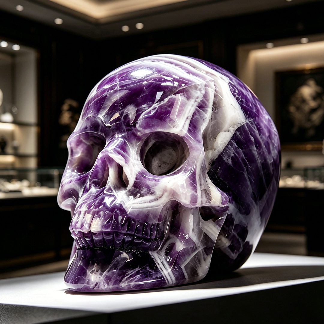 Additional view of a Dream Amethyst Titan human skull carving, custom-made in sizes from 7 to 10 inches.