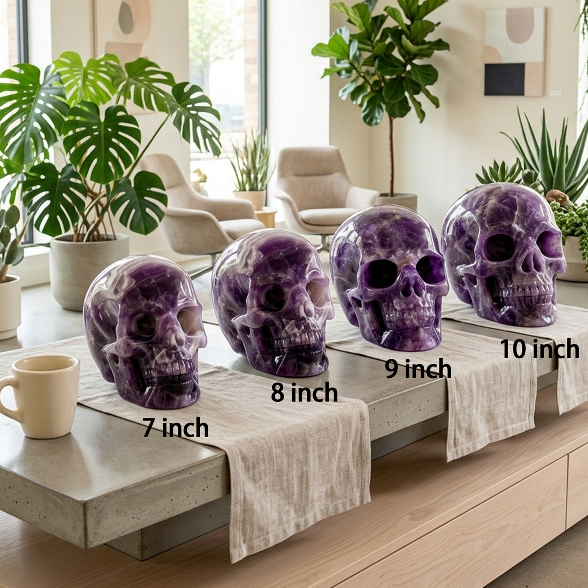Additional view of a Dream Amethyst Titan human skull carving, custom-made in sizes from 7 to 10 inches.