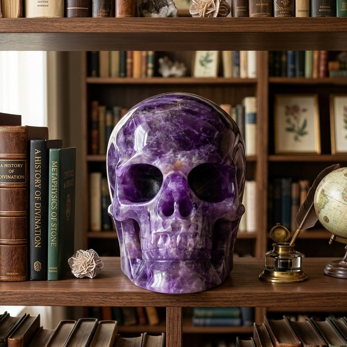 Additional view of a Dream Amethyst Titan human skull carving, custom-made in sizes from 7 to 10 inches.