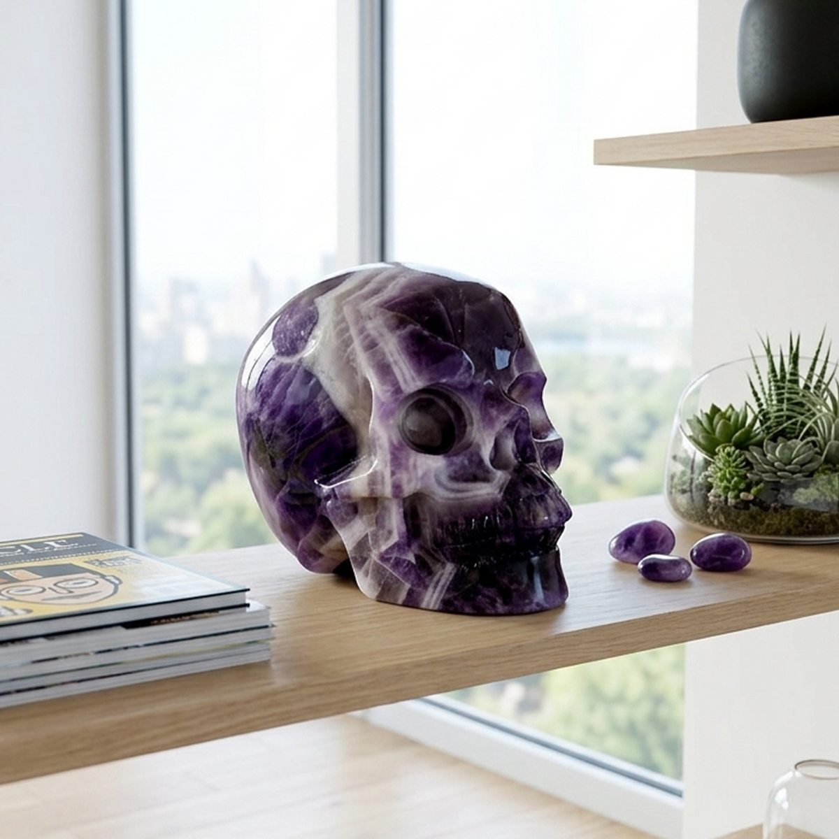 Additional view of a Dream Amethyst Titan human skull carving, custom-made in sizes from 7 to 10 inches.