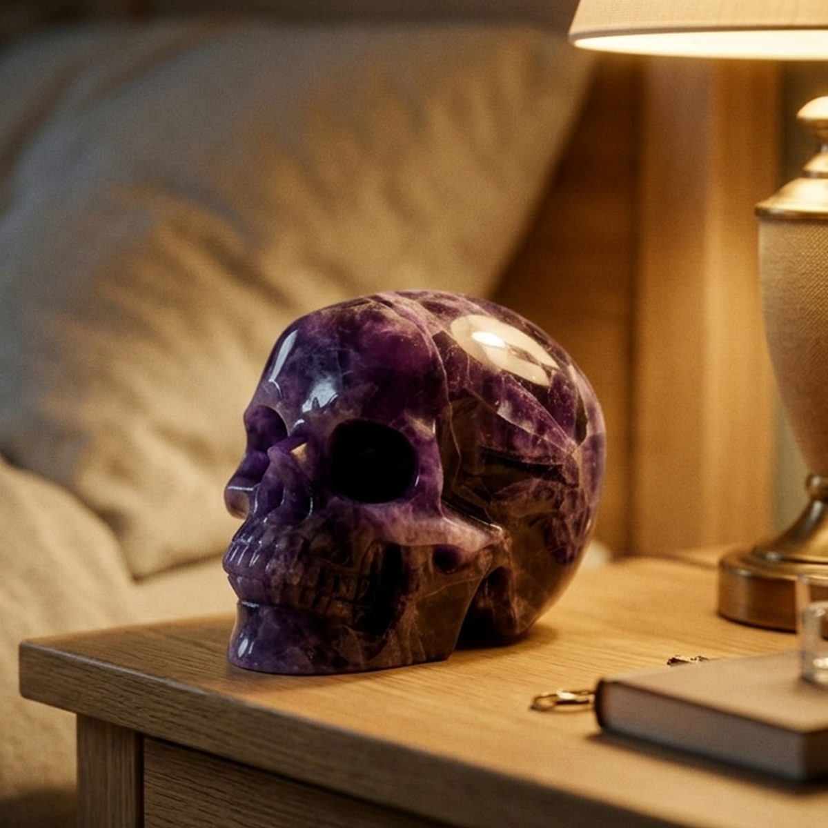Additional view of a Dream Amethyst Titan human skull carving, custom-made in sizes from 7 to 10 inches.