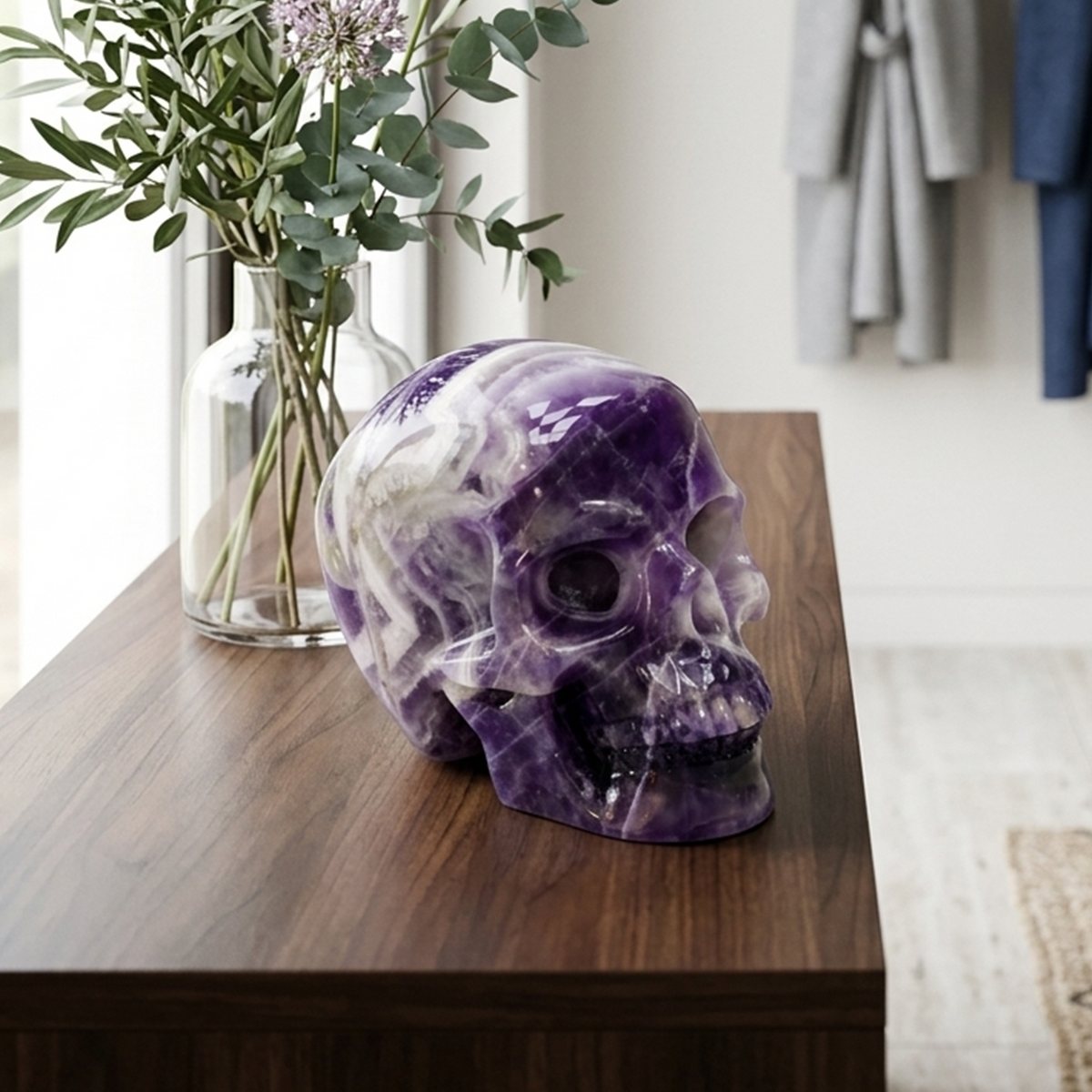 Additional view of a Dream Amethyst Titan human skull carving, custom-made in sizes from 7 to 10 inches.