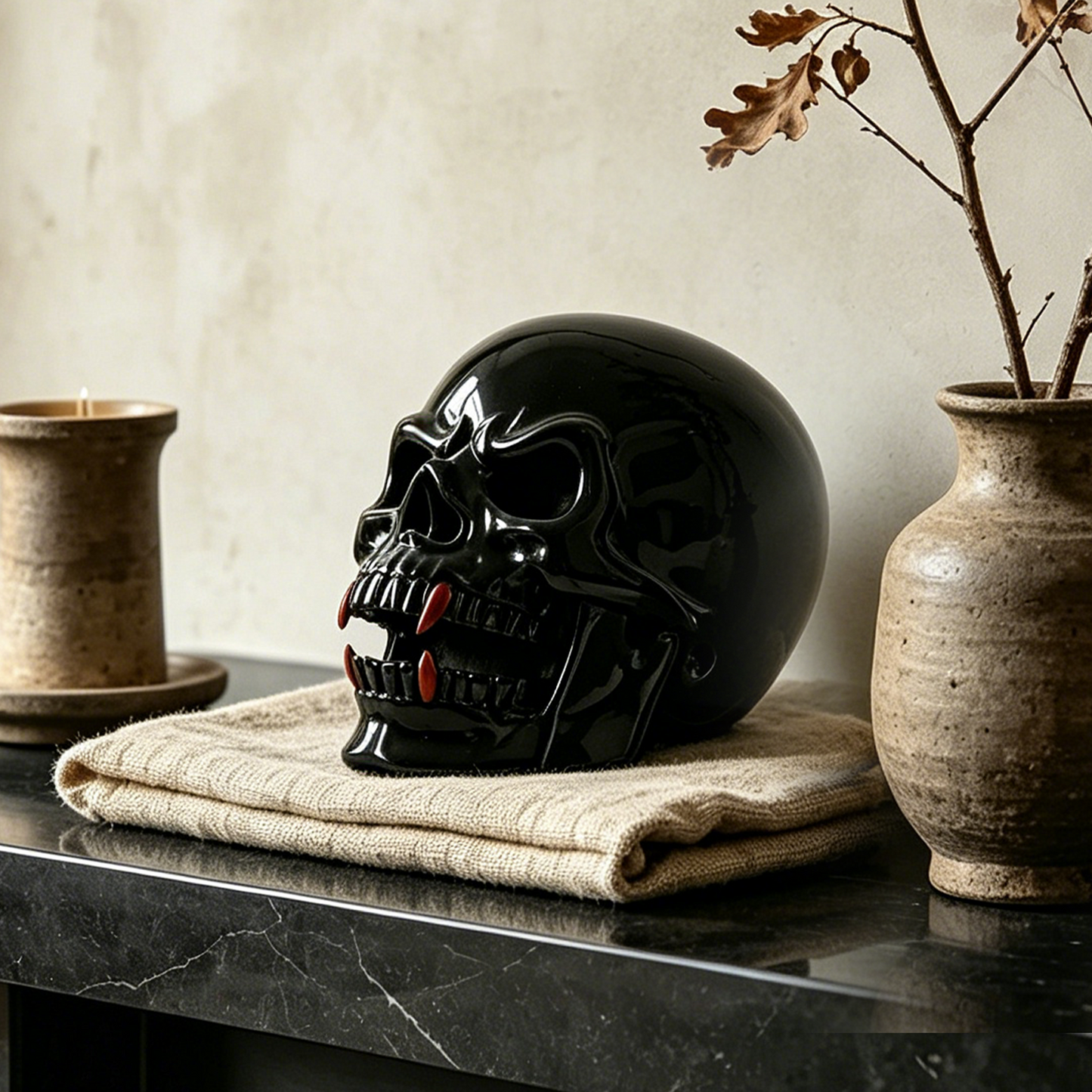 Black Obsidian Skull Inlaid Red Jasper Fangs - Natural Stone Sculpture Carving
