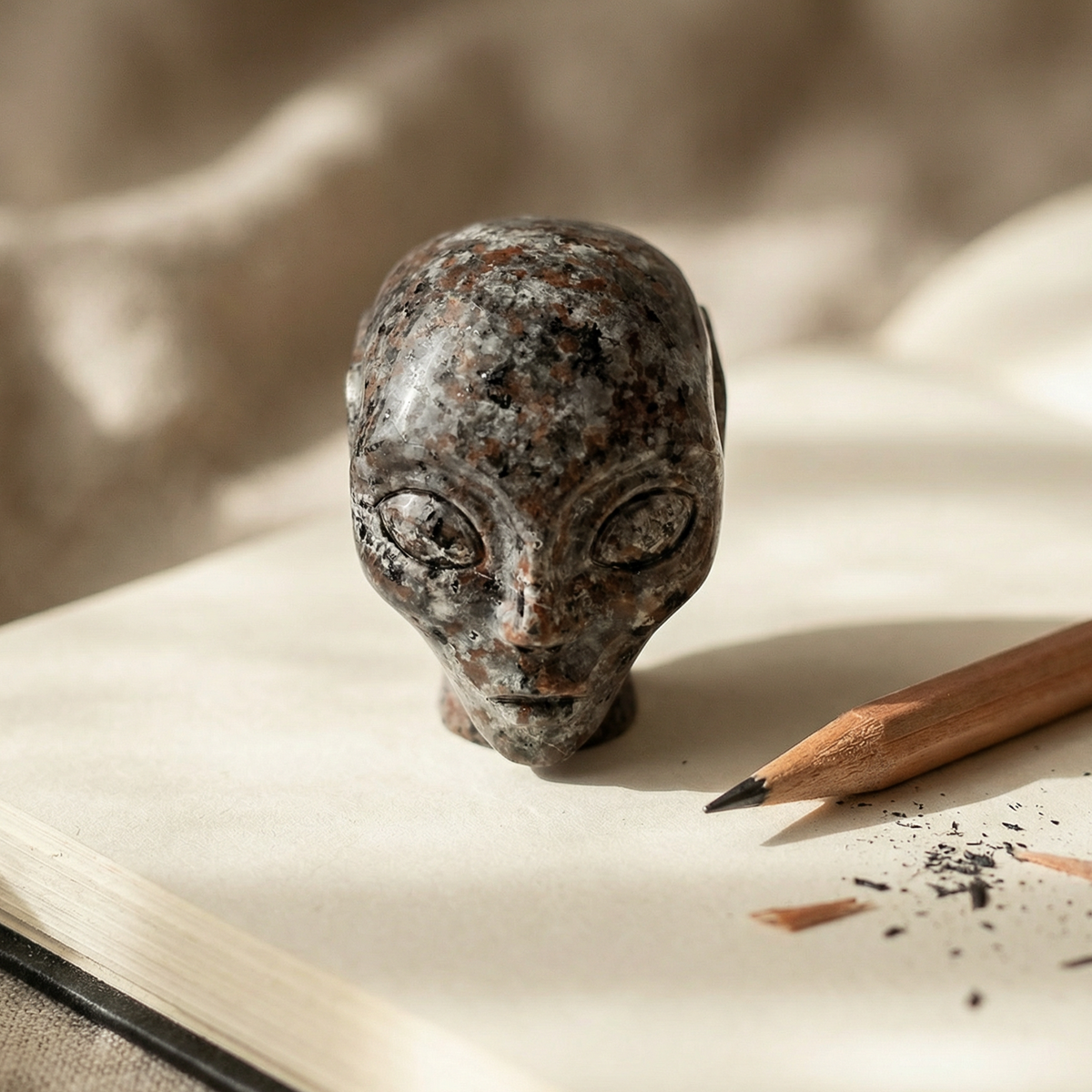 Additional view of a 2-inch Fire Stone alien skull carving
