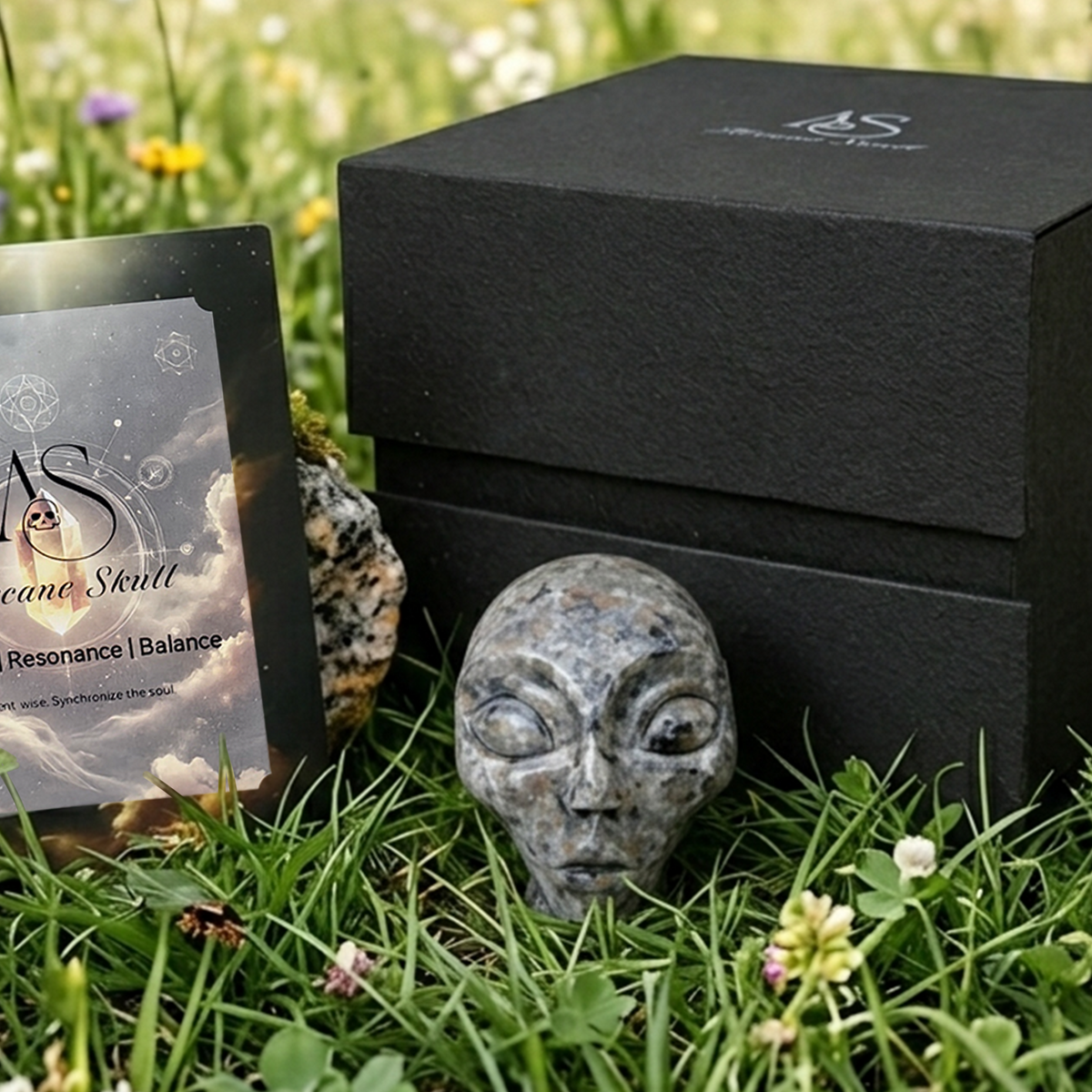 Additional view of a 2-inch Fire Stone alien skull carving