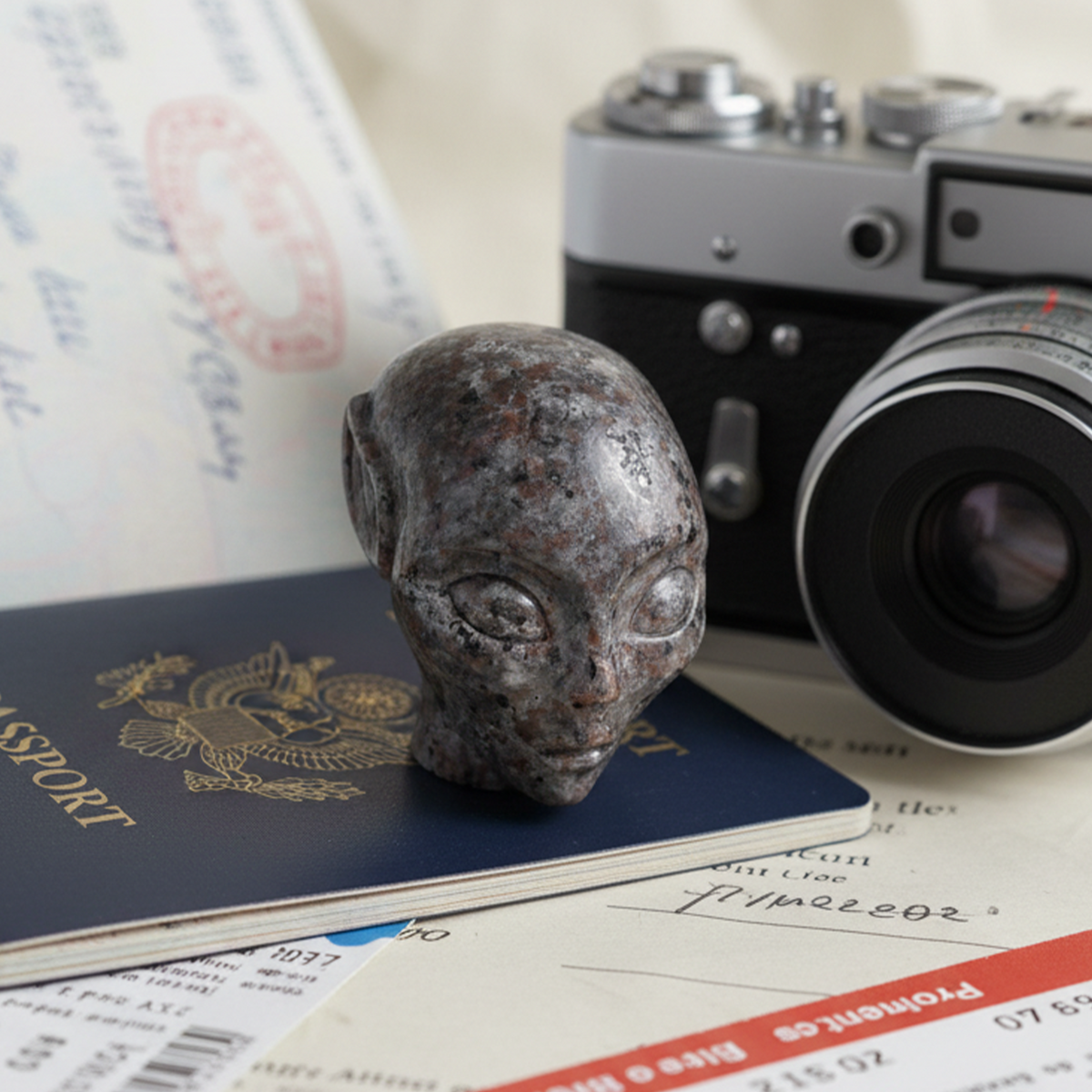 Additional view of a 3-inch Fire Stone alien skull carving