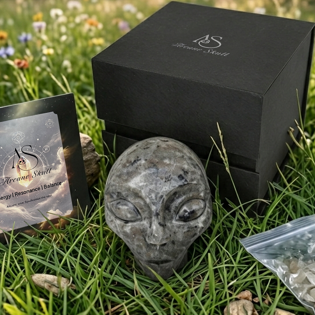 Additional view of a 3-inch Fire Stone alien skull carving