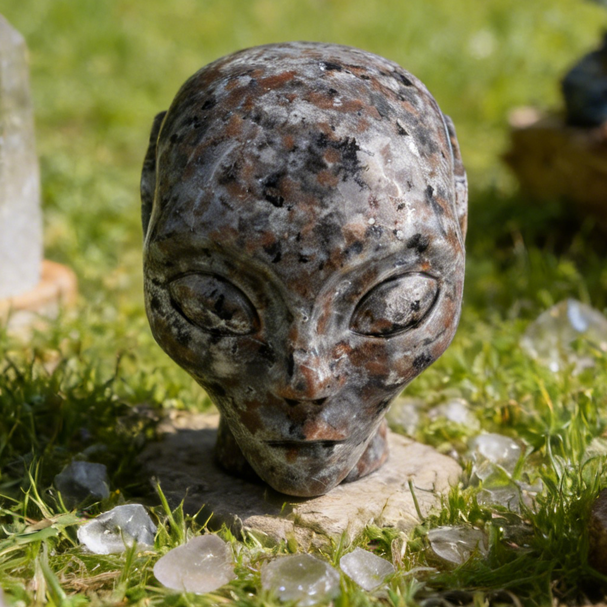 Additional view of a 3.8-inch Fire Stone alien skull carving