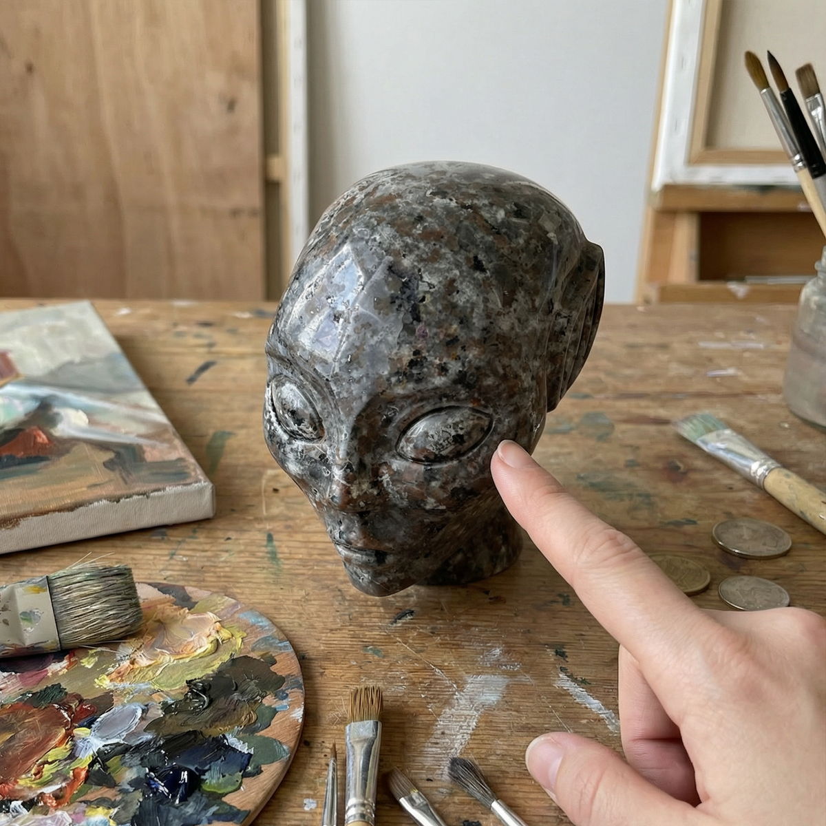 Additional view of a 3.8-inch Fire Stone alien skull carving