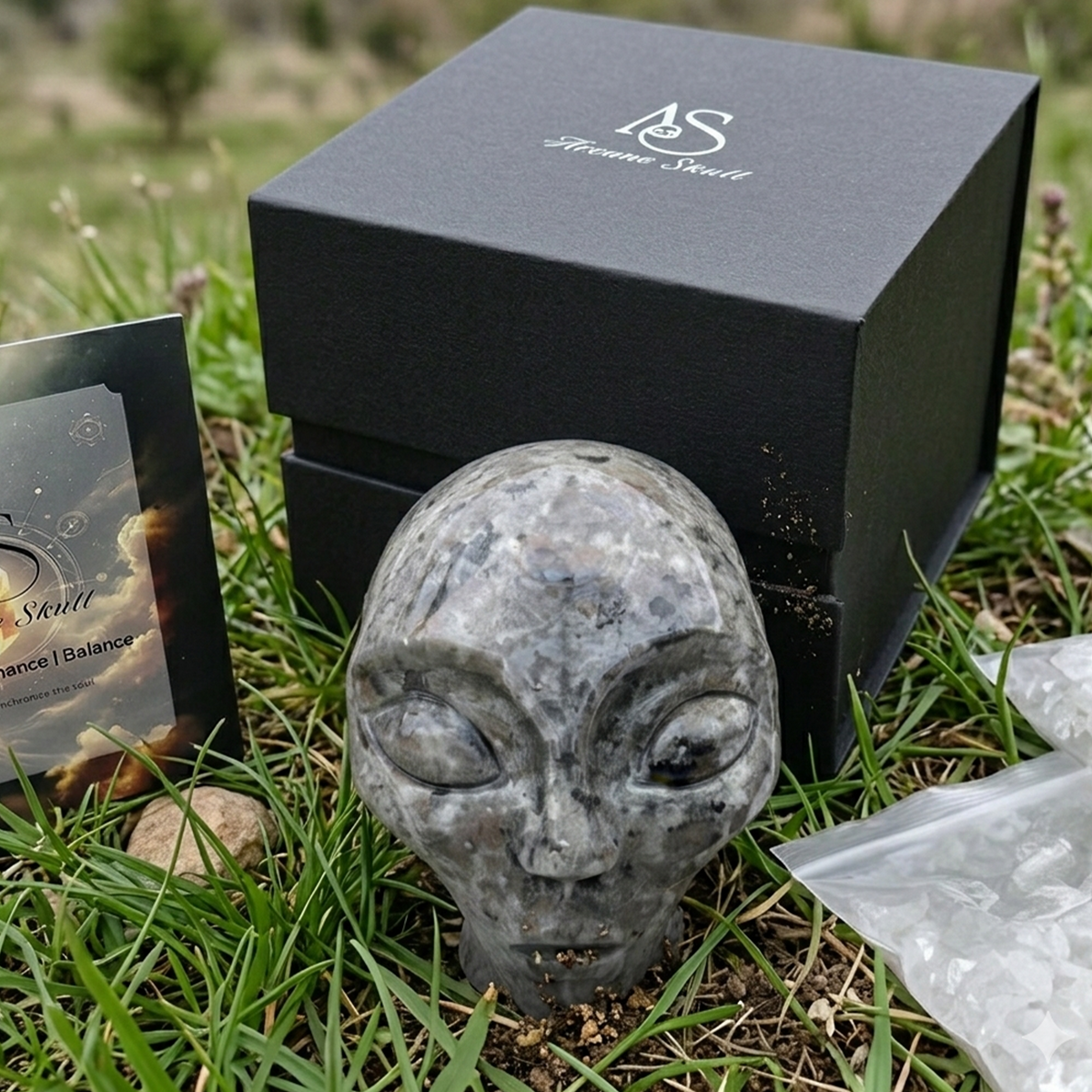 Additional view of a 3.8-inch Fire Stone alien skull carving
