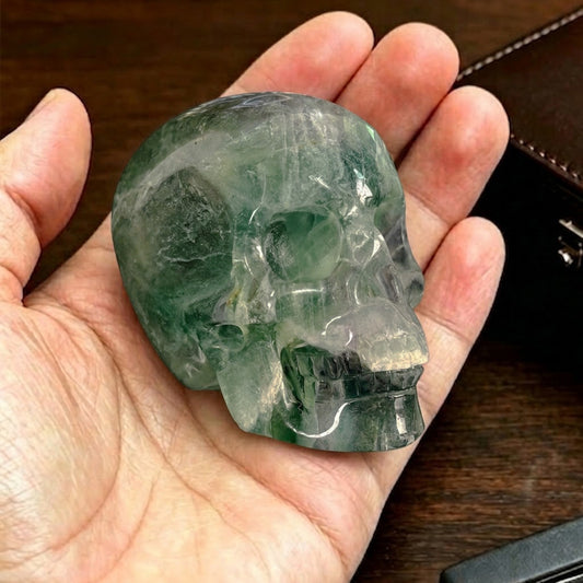 Main view of a 2-inch Fluorite human skull carving