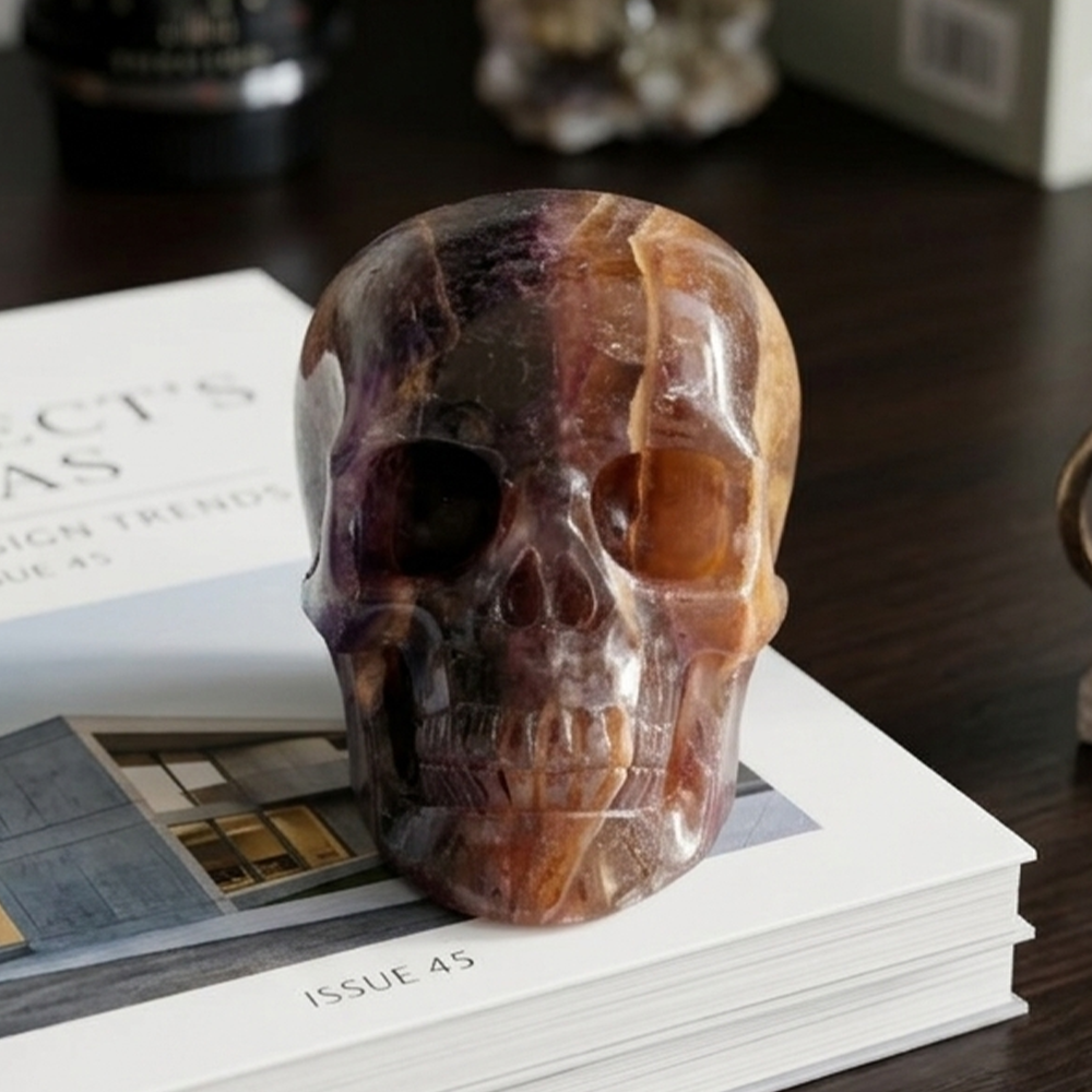 Main view of a 3-inch Fluorite human skull carving