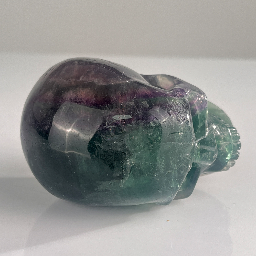 Top view of a 3-inch Fluorite human skull carving