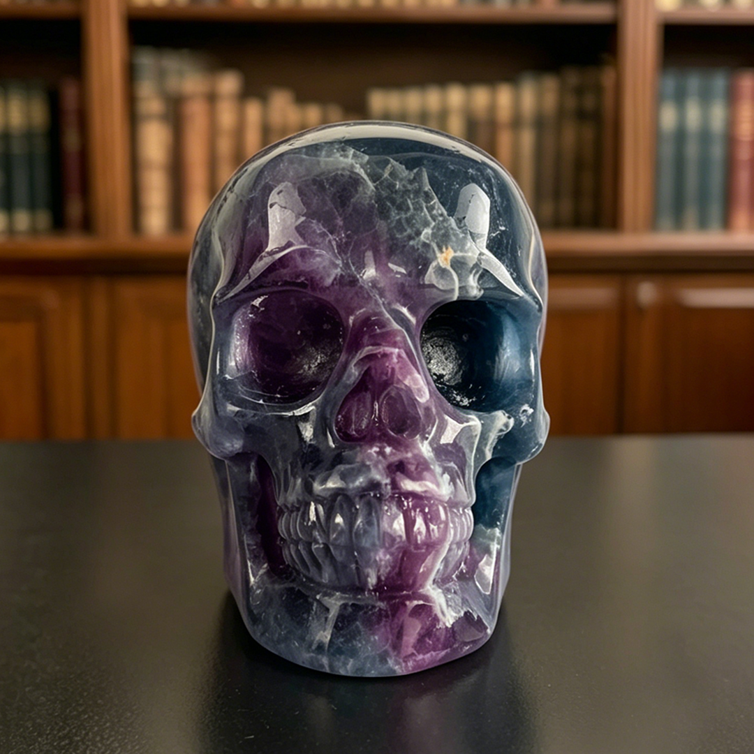 Front view of a 4.5-inch Fluorite human skull carving