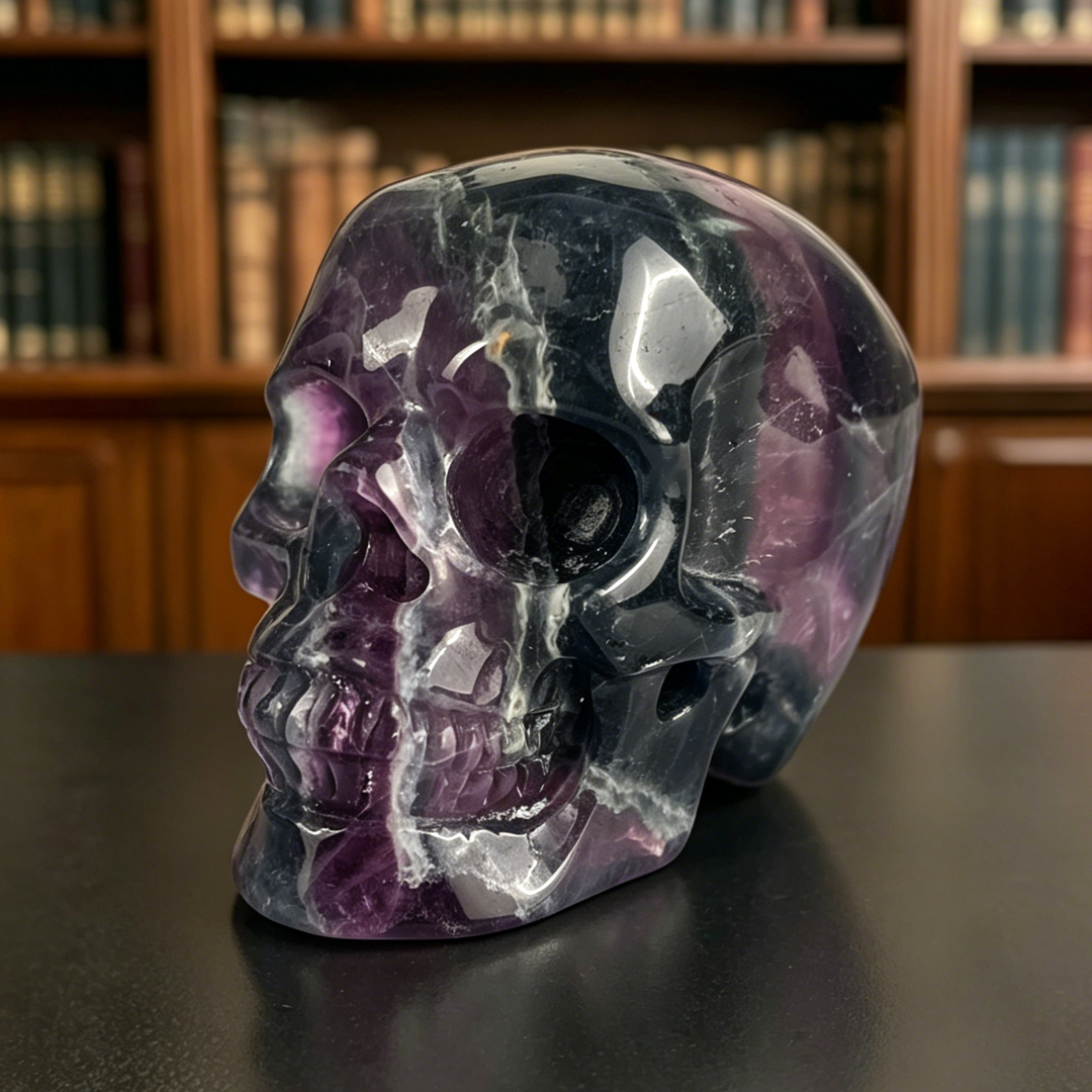 Left-front view of a 4.5-inch Fluorite human skull carving