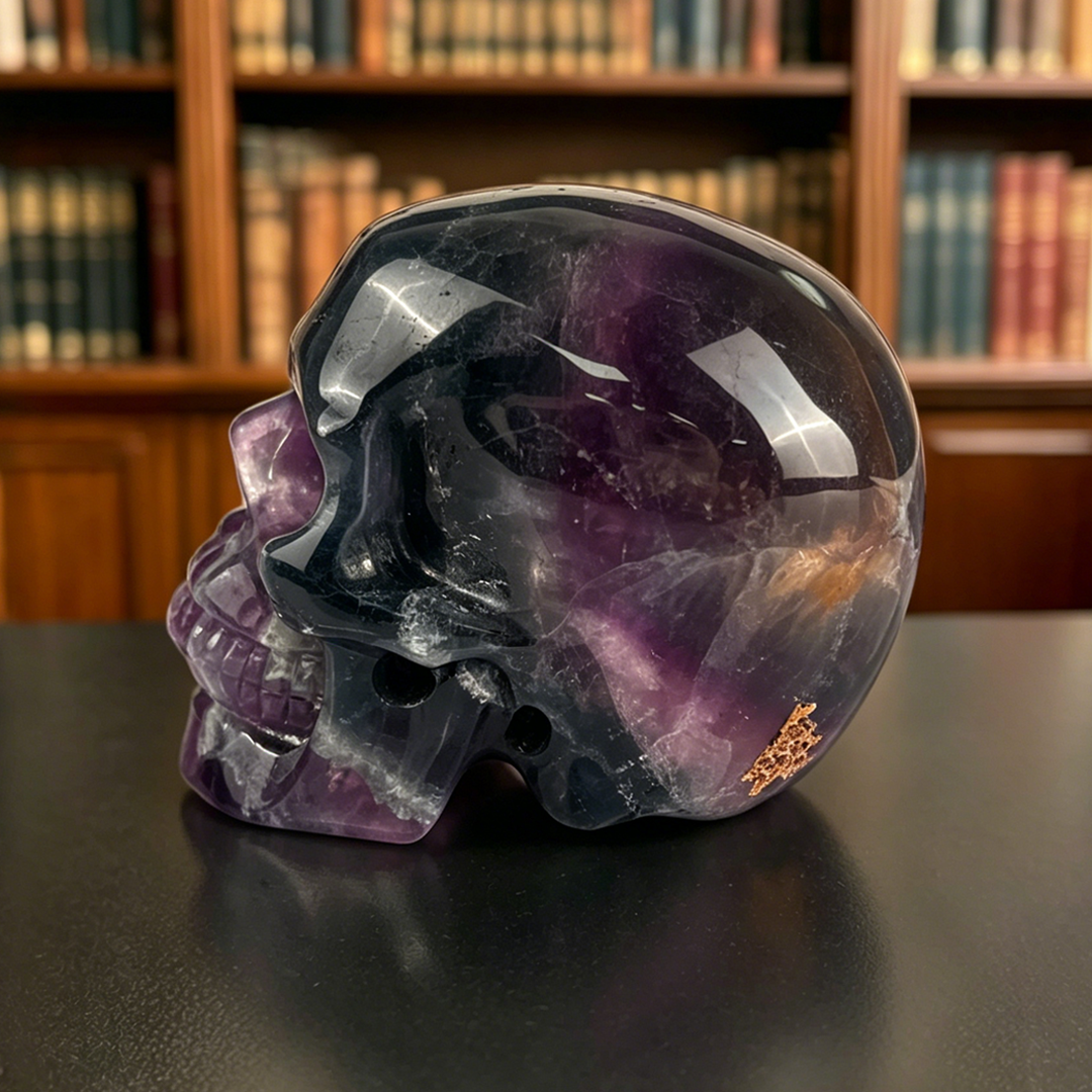 Left view of a 4.5-inch Fluorite human skull carving