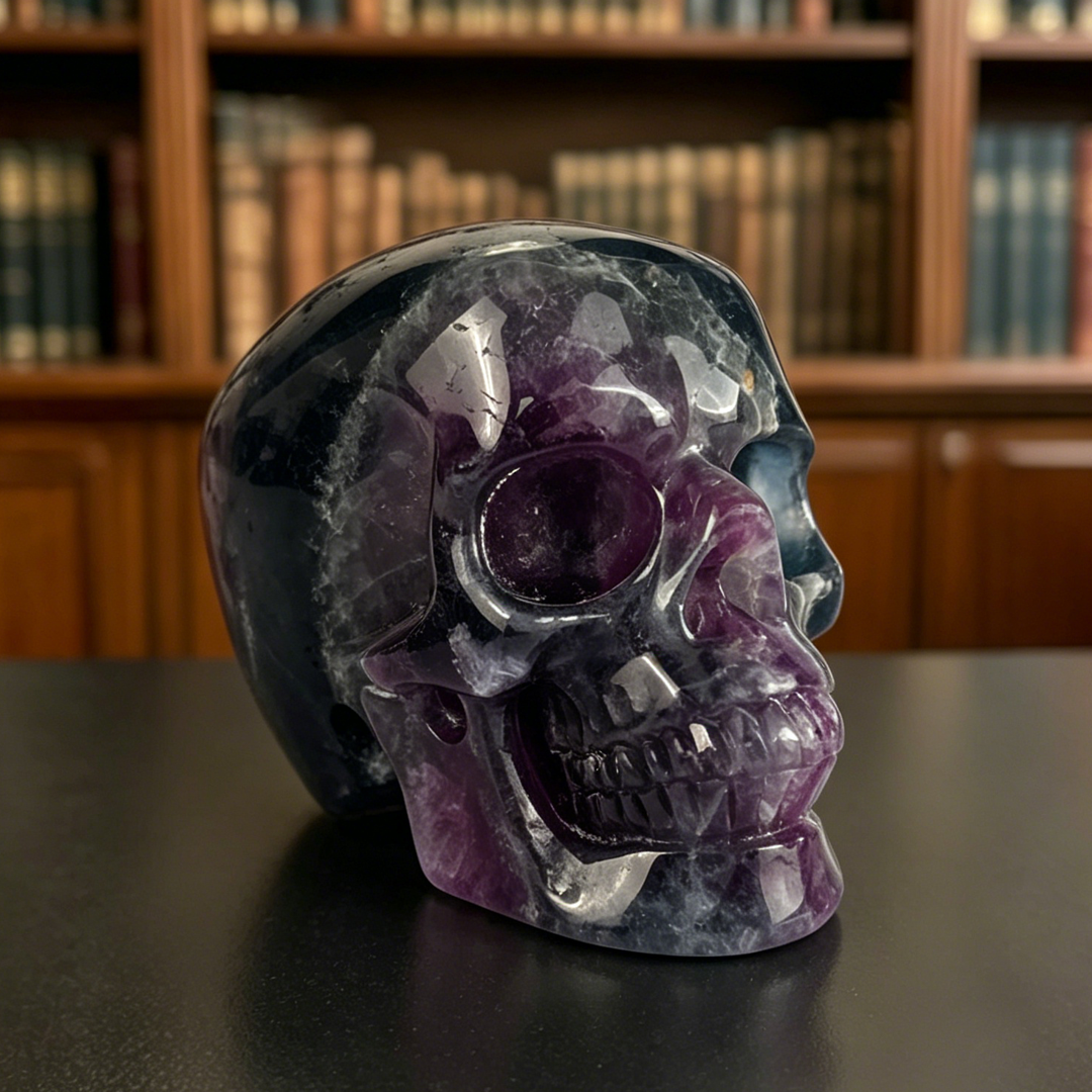 Right-front view of a 4.5-inch Fluorite human skull carving