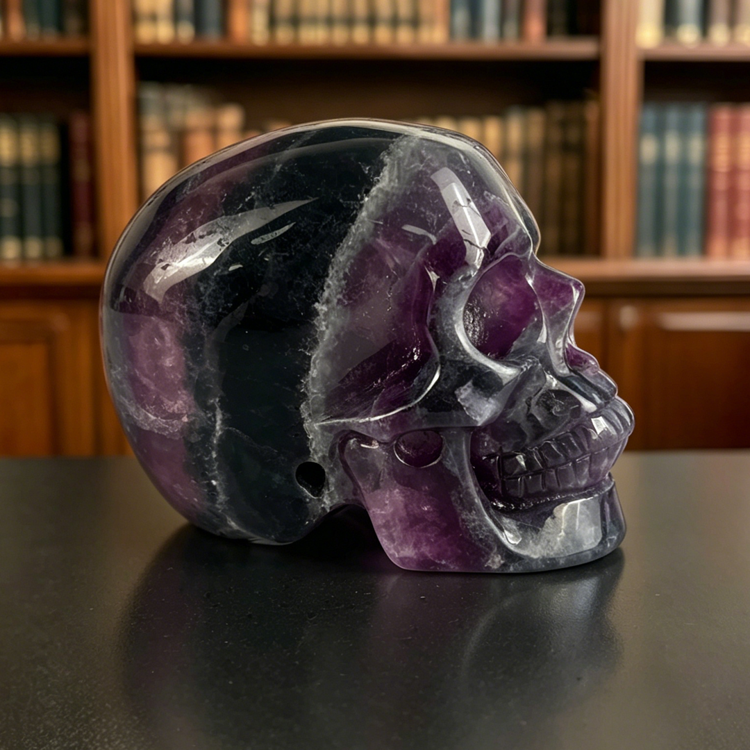 Right view of a 4.5-inch Fluorite human skull carving