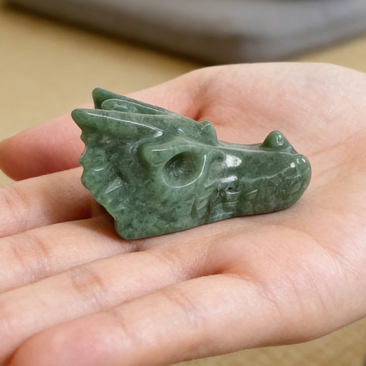 Additional view of a 2-inch Green Aventurine dragon skull carving