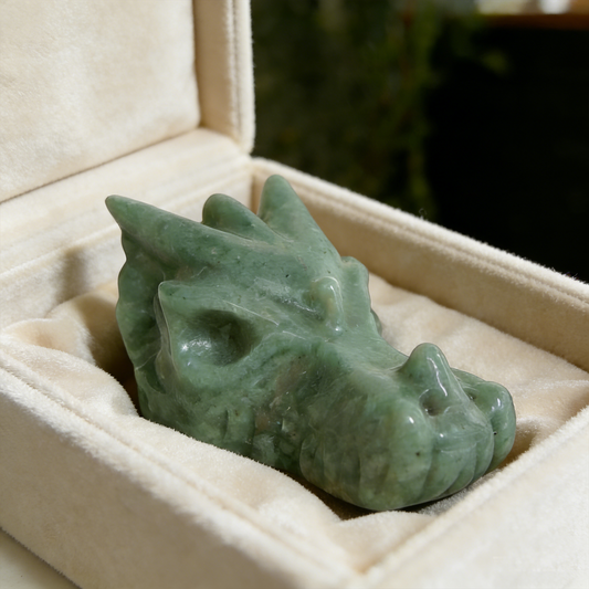 Additional view of a 2.5-inch Green Aventurine dragon skull carving