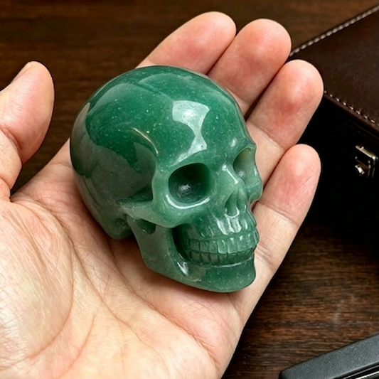 Additional view of a 2-inch Green Aventurine human skull carving