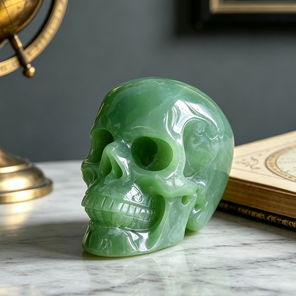 Additional view of a 3-inch Green Aventurine human skull carving