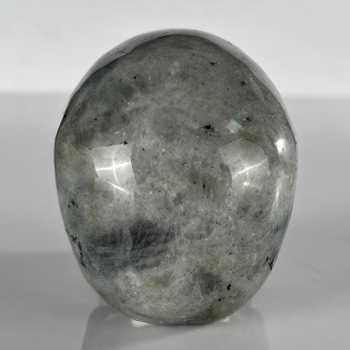 Back view of a 3-inch Grey Labradorite human skull carving