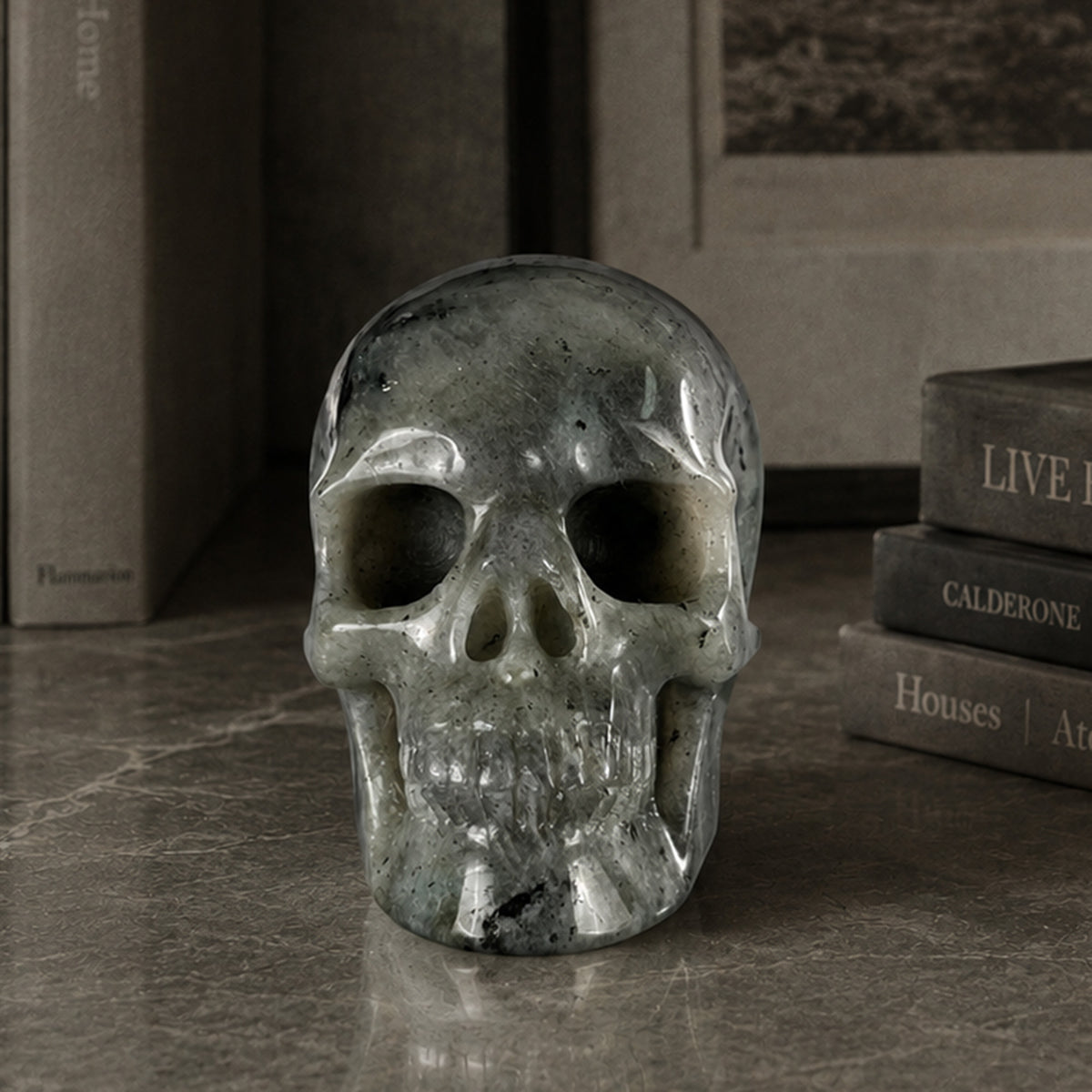 Main view of a 3-inch Grey Labradorite human skull carving