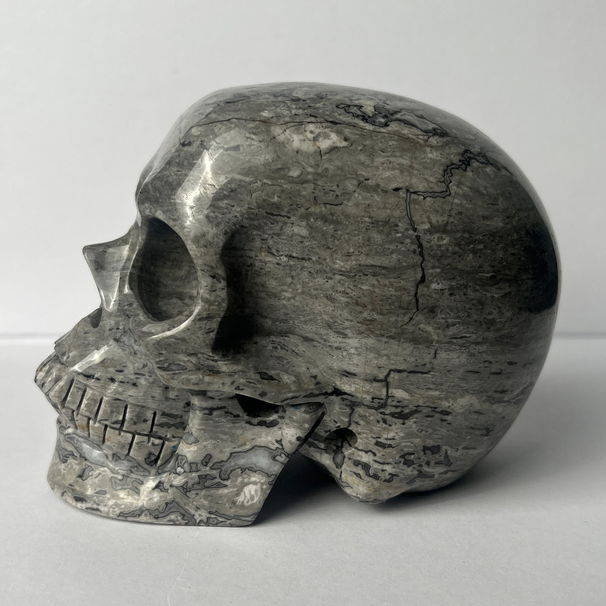 Left view of a 4.5-inch Grey Picture Jasper human skull carving