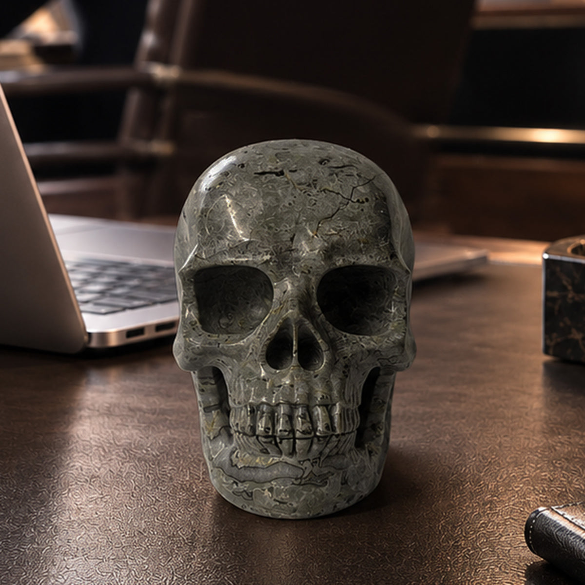Main view of a 4.5-inch Grey Picture Jasper human skull carving