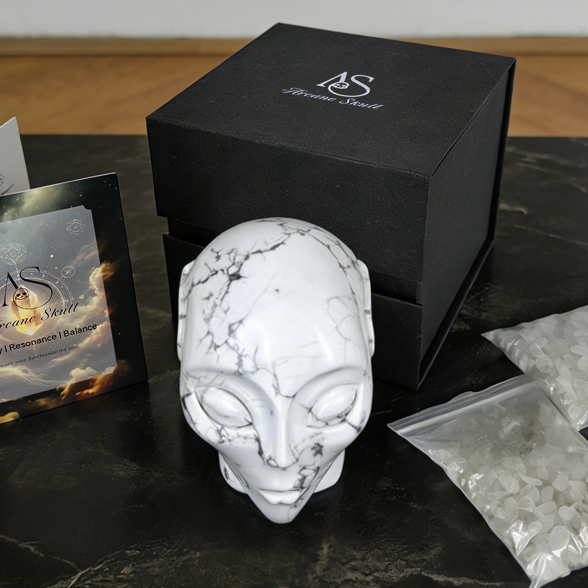 Additional view of a 3.8-inch Howlite alien skull carving