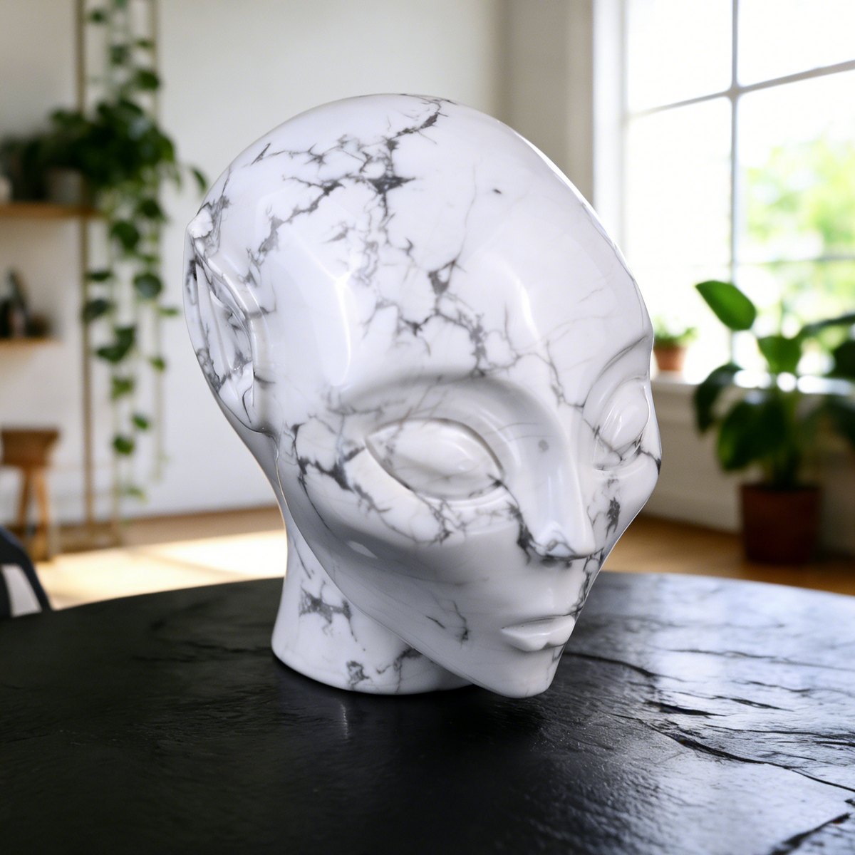 Additional view of a 3.8-inch Howlite alien skull carving