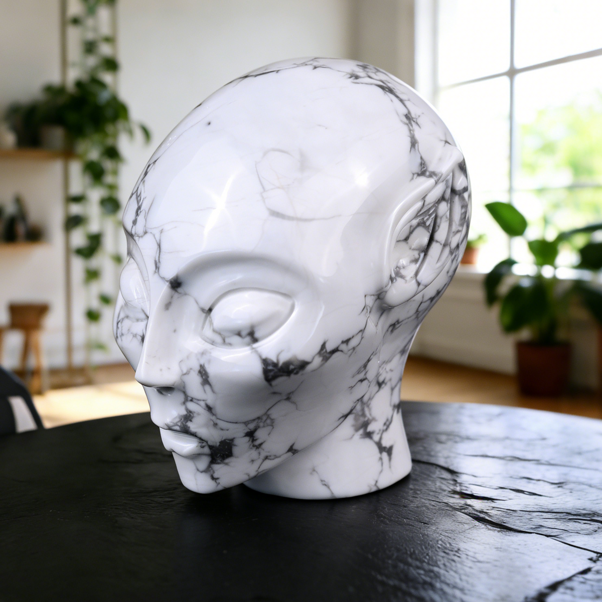 Additional view of a 3.8-inch Howlite alien skull carving