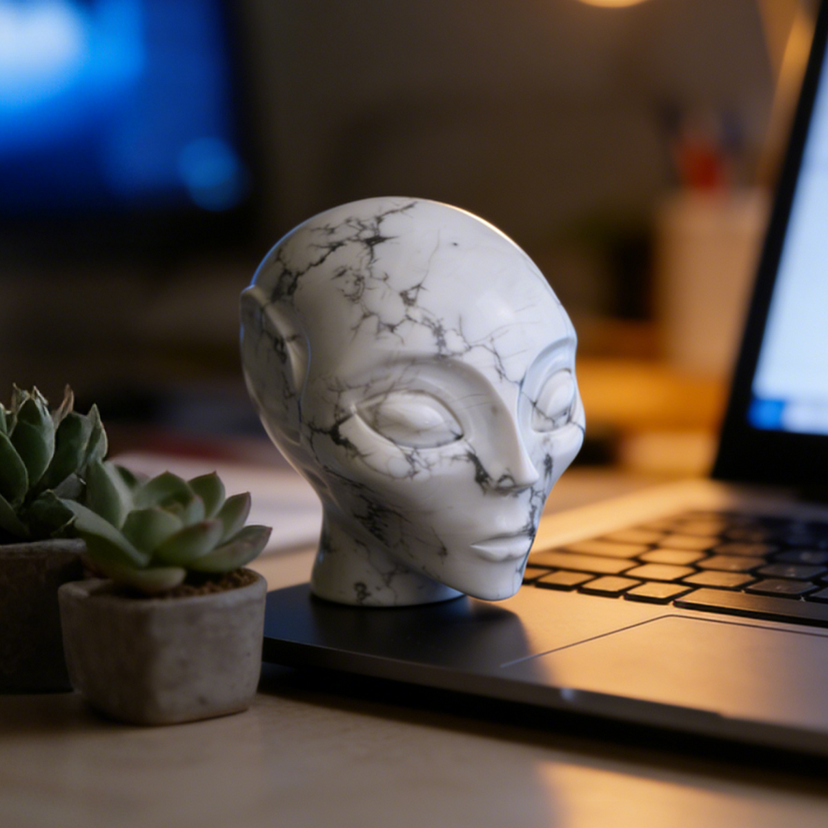 Additional view of a 3.8-inch Howlite alien skull carving