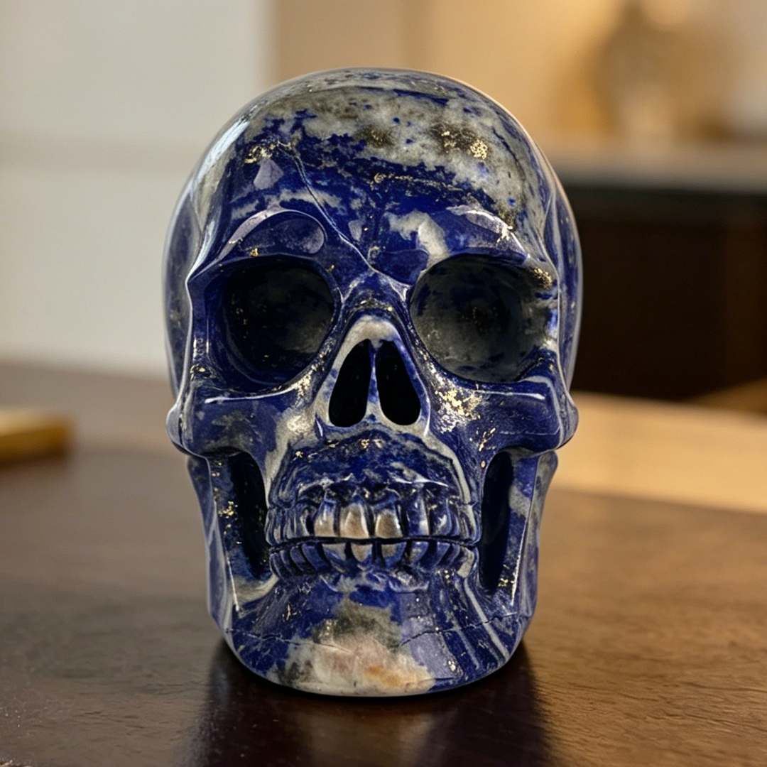 Front view of a 4.5-inch Lapis Lazuli human skull carving