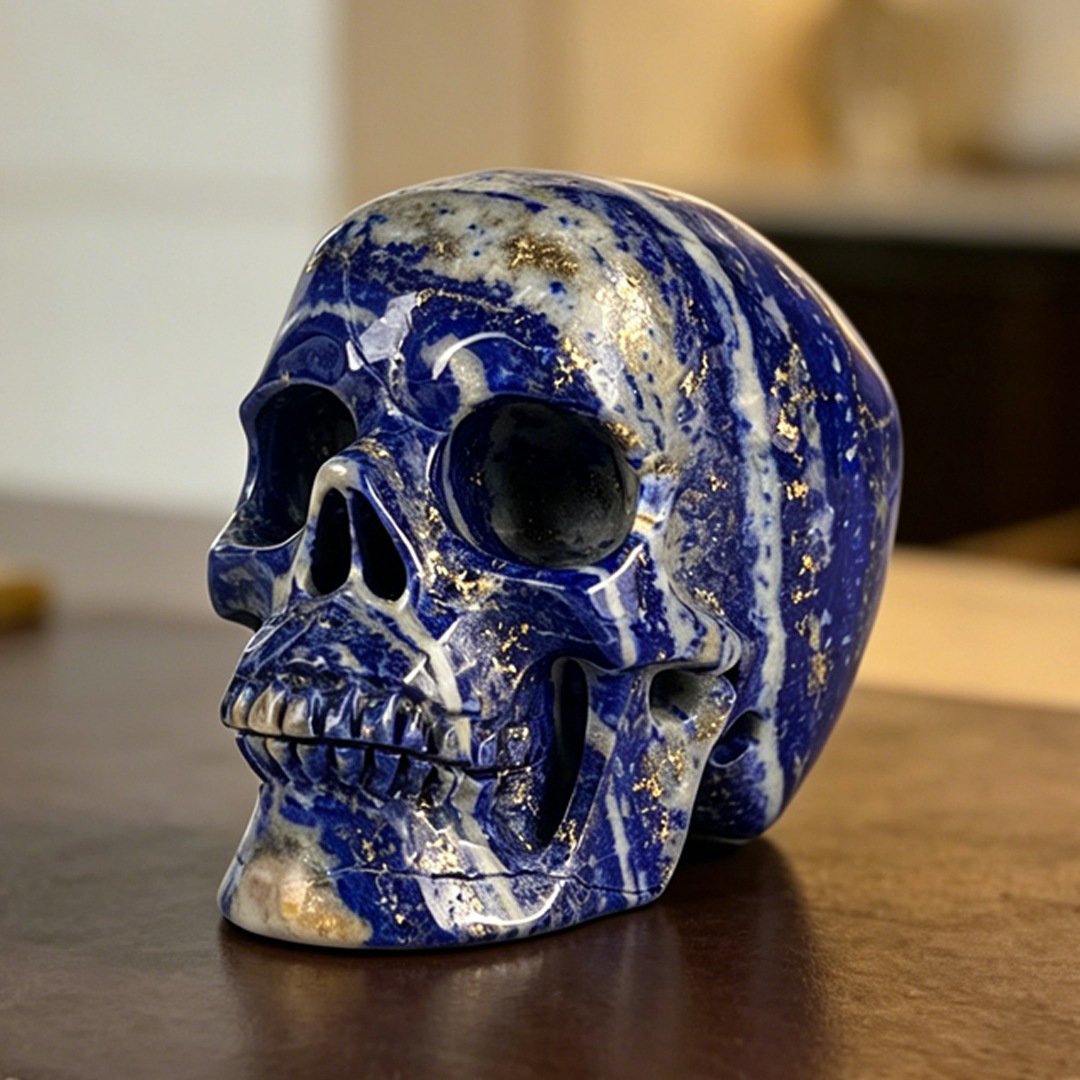 Left-front view of a 4.5-inch Lapis Lazuli human skull carving