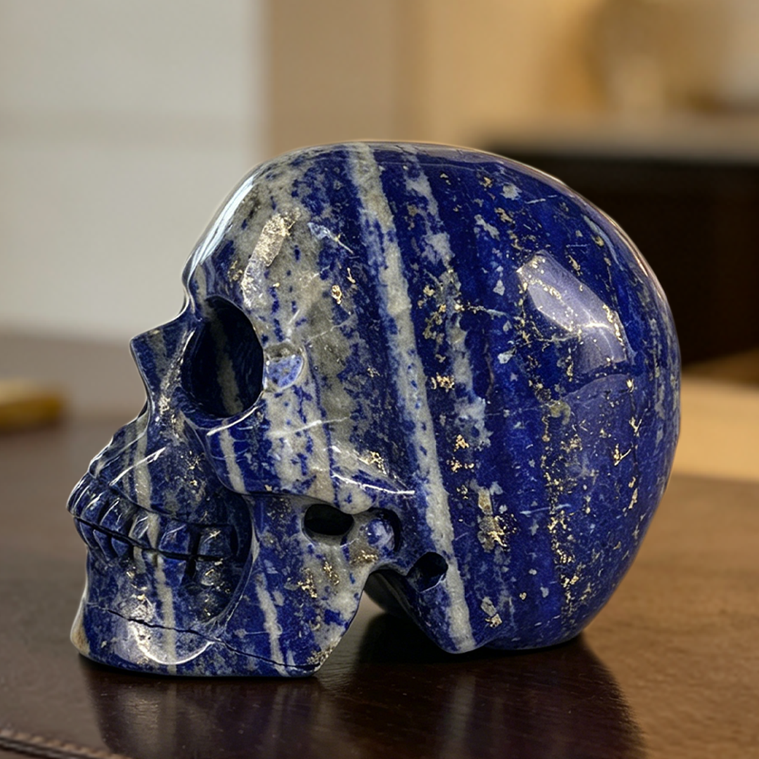 Left view of a 4.5-inch Lapis Lazuli human skull carving