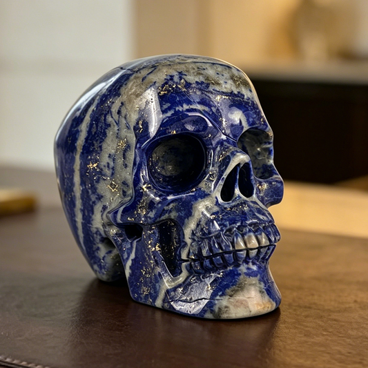 Right-front view of a 4.5-inch Lapis Lazuli human skull carving
