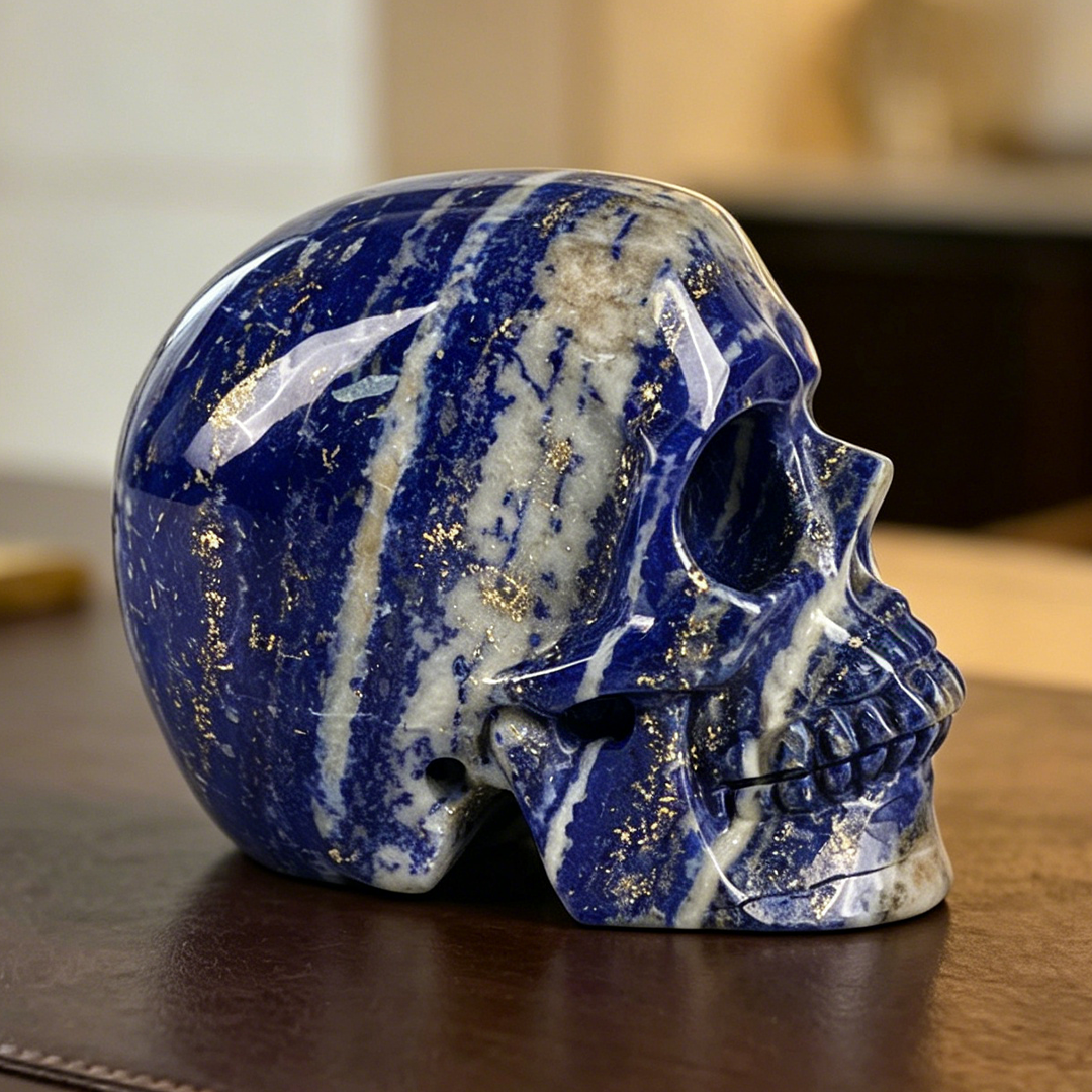 Right view of a 4.5-inch Lapis Lazuli human skull carving