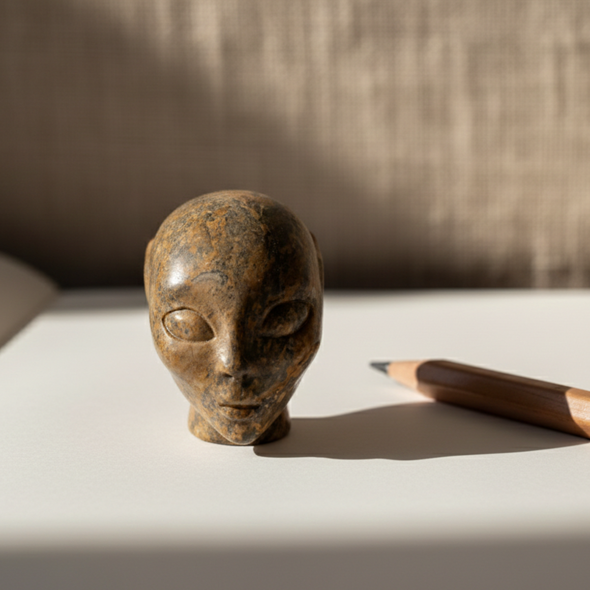 Additional view of a 2-inch Leopard Skin Jasper alien skull carving