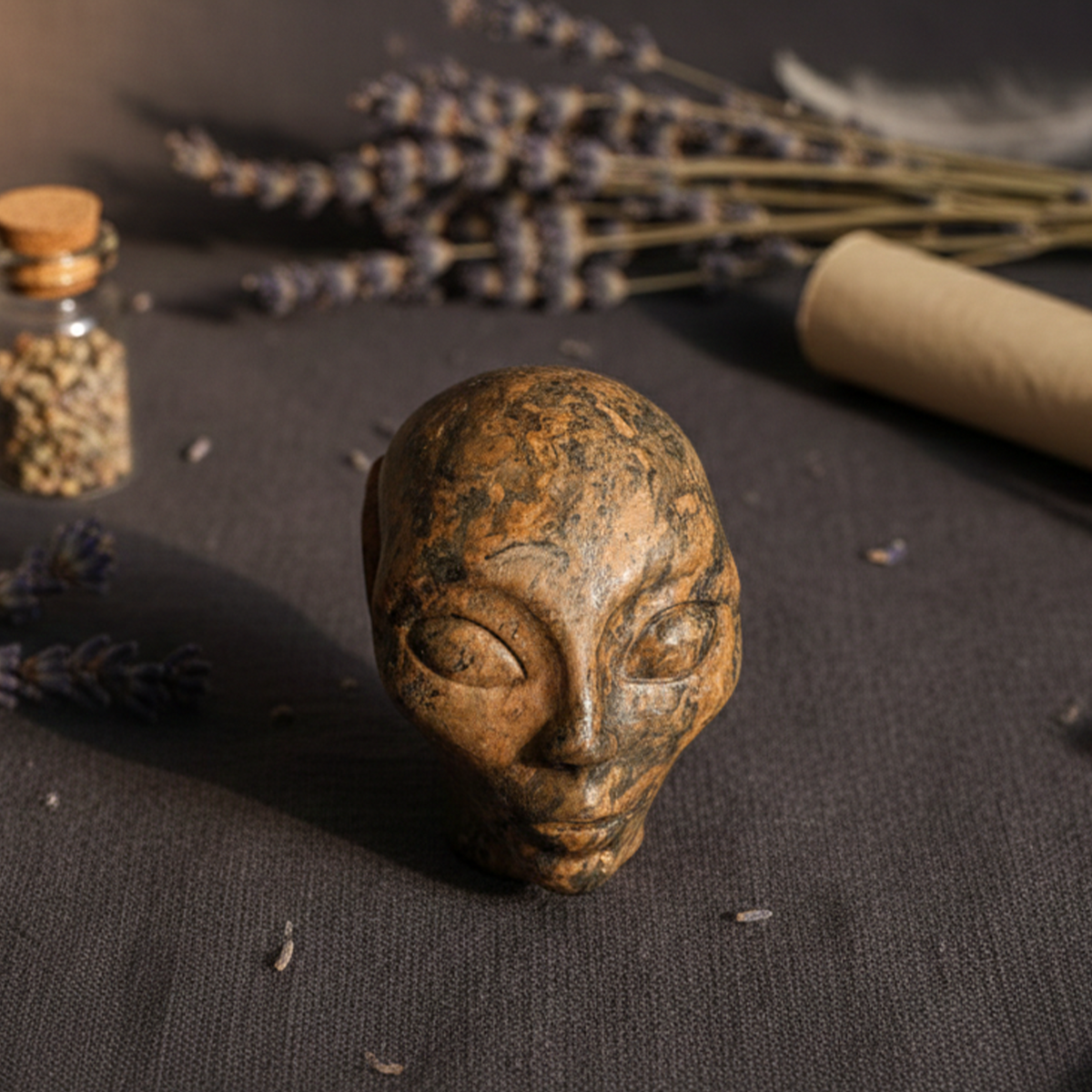Additional view of a 2-inch Leopard Skin Jasper alien skull carving