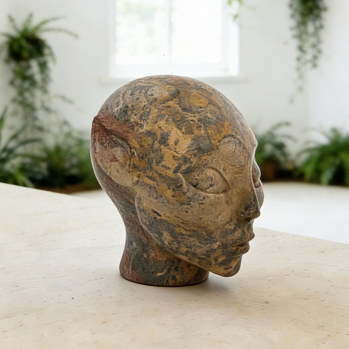 Additional view of a 3-inch Leopard Skin Jasper alien skull carving